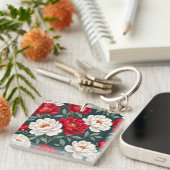 Rode en witte pioenbloemen  sleutelhanger (Voorkant Rechts)