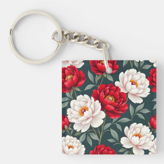 Rode en witte pioenbloemen  sleutelhanger (voorkant)