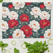 Rode en witte pioenbloemen theedoek (Gevouwen)