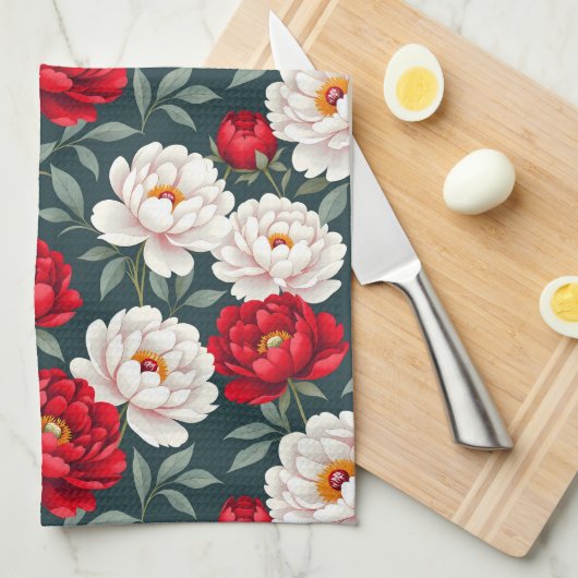 Rode en witte pioenbloemen theedoek (Quarter Fold)