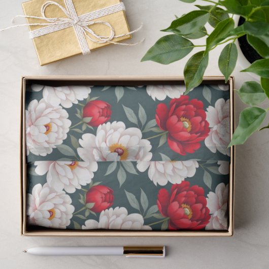 Rode en witte pioenbloemen  tissuepapier (Geschenk)