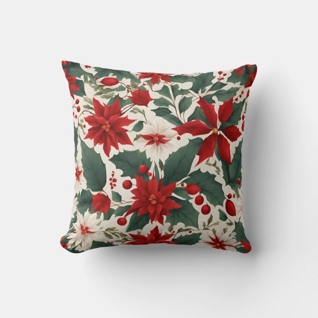 Rode en witte Poinsettia Bloemen en Holly Berries Kussen (Voorkant)