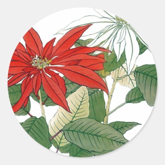 Rode en witte Poinsettias Ronde Sticker (Voorkant)