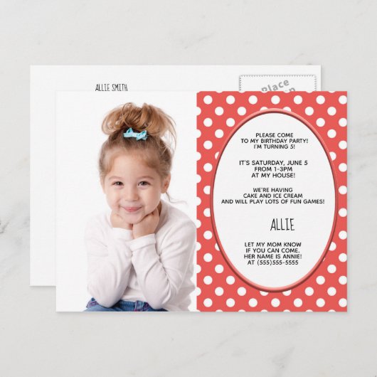 Rode en witte poka Dot Birthday Fotouitnodiging Uitnodiging Briefkaart (Voorkant / Achterkant)