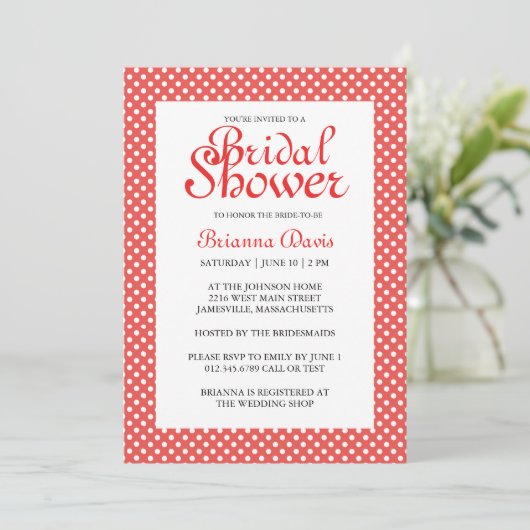 Rode en witte poka Dots Bridal Shower Invitations Kaart (Staand voorkant)