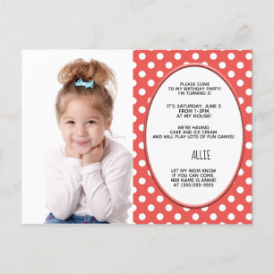 Rode en witte polka stip verjaardags foto uitnodig uitnodiging briefkaart