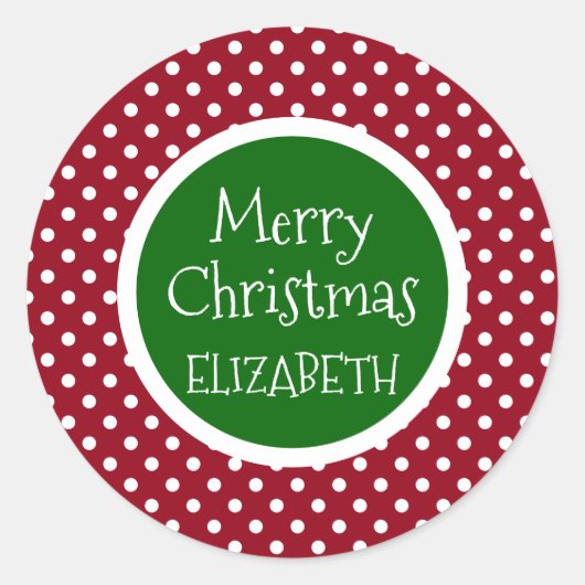 Rode en witte pooldot met groene gepersonaliseerde ronde sticker (Voorkant)
