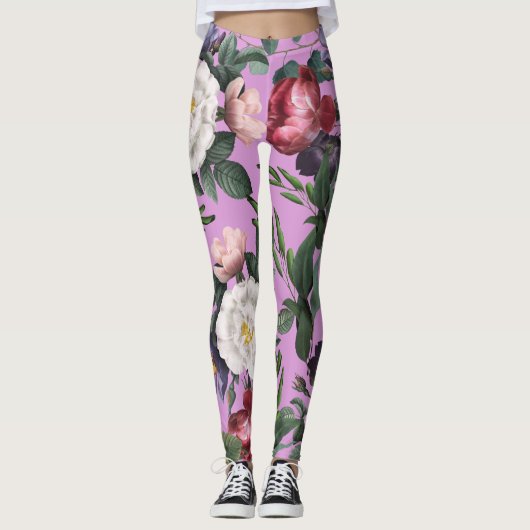 Rode en witte roos zomer boho luxe paars leggings (Voorkant)