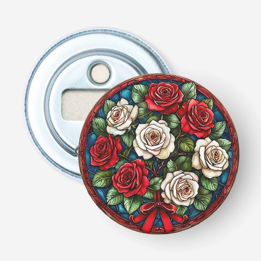 Rode en witte rozen met ingewikkelde details button flesopener (Voorkant)