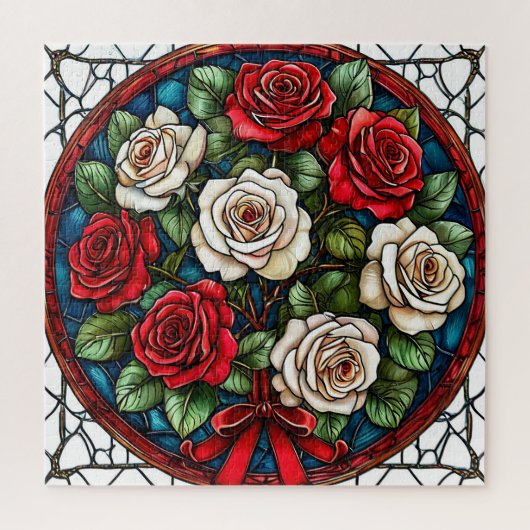 Rode en witte rozen met ingewikkelde details legpuzzel (Verticaal)
