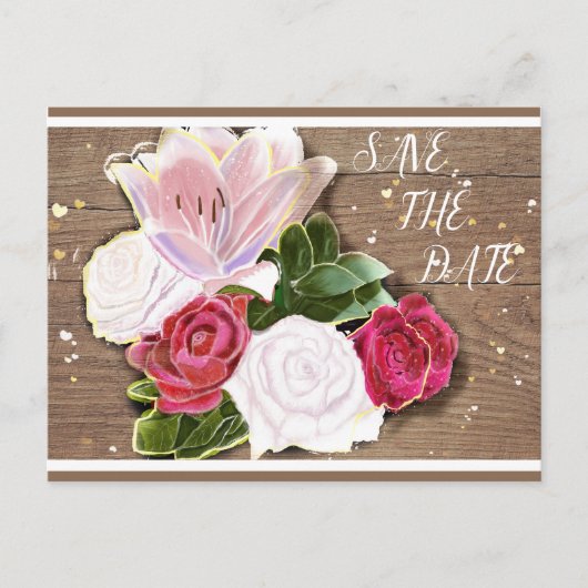 Rode en witte Rozen Shabby-Chic Aankondigingskaart (Voorkant)