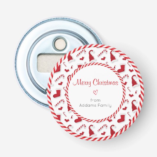 Rode en witte Santa hoeden en Candy Canes Button Flesopener (Voorkant)