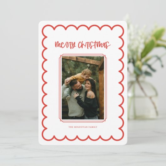 Rode en witte Scallop Lijst Christmas Kaart (Staand voorkant)