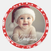 Rode en witte sneeuwvlok Vrolijke kerstfoto Ronde Sticker (Voorkant)