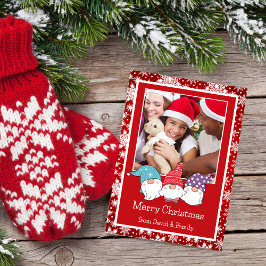 Rode en witte sneeuwvlokken en kabouters fotokaart feestdagenkaart