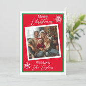 Rode en witte sneeuwvlokken Foto Kerstmis Feestdagenkaart (Staand voorkant)