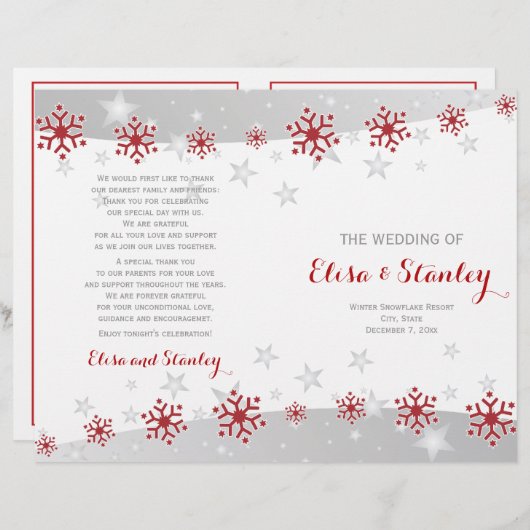 Rode en witte sneeuwvlokken gevouwen trouwprogramm (Voorkant / Achterkant)