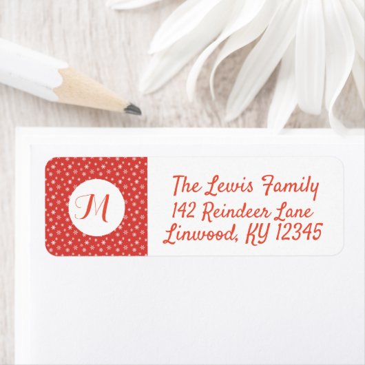 Rode en Witte Sneeuwvlokken Monogram Etiket (Insitu)