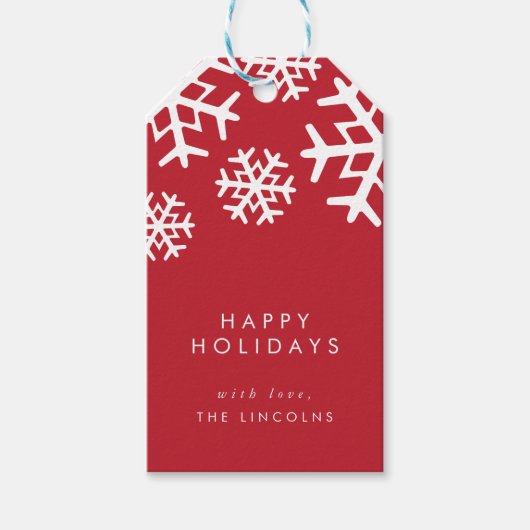 Rode en witte sneeuwvlokken | PRETTIGE FEESTDAGEN Cadeaulabel (Voorkant)