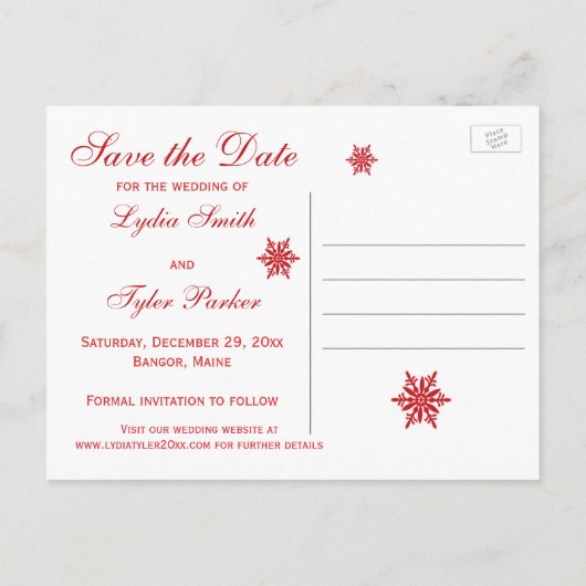 Rode en witte sneeuwvlokken Save the Date Kaart (Achterkant)