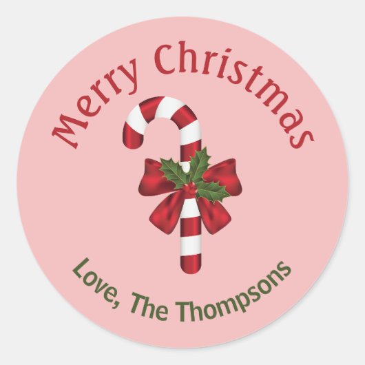 Rode en witte snoepstok met Kerstmis tekst Ronde Sticker (Voorkant)