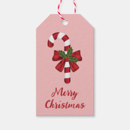 Rode en witte snoepstok met vrolijk kerstbericht cadeaulabel