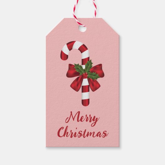 Rode en witte snoepstok met vrolijk kerstbericht cadeaulabel (Voorkant)