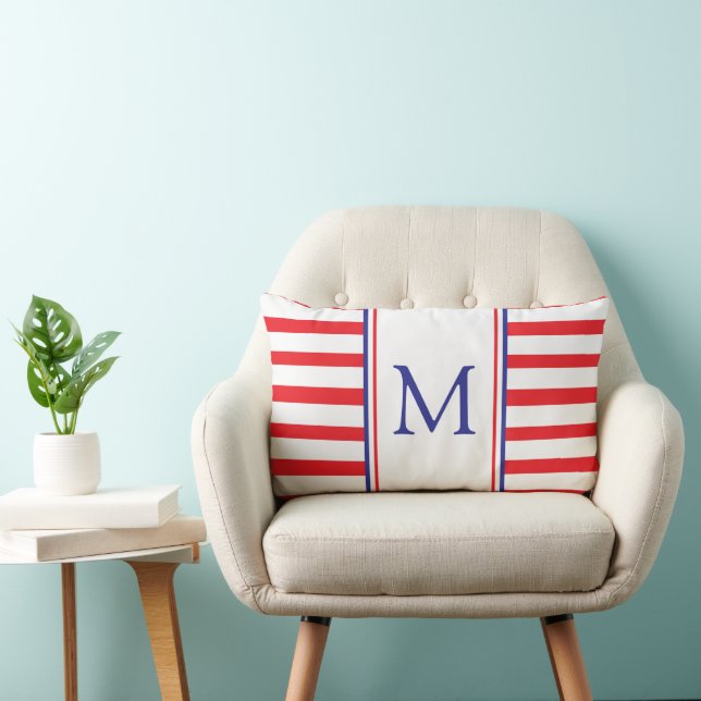 Rode en witte streep met marineblauw monogram kussen (Stoel)