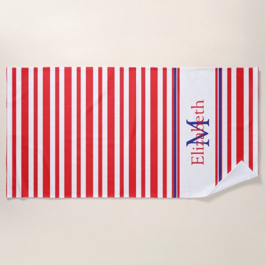 Rode en witte streep met marineblauw monogram strandlaken (Voorkant)