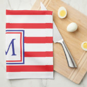 Rode en witte streep met marineblauw monogram theedoek (Quarter Fold)