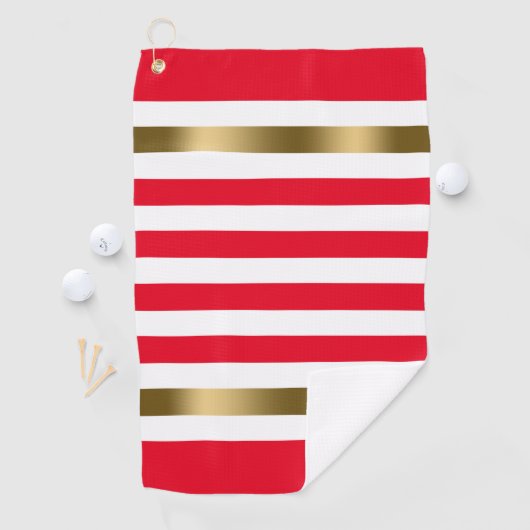 Rode en Witte Strepen Gouden Accenten, Monogram Golfhanddoek (Insitu)