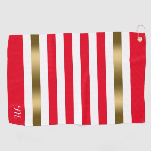 Rode en Witte Strepen Gouden Accenten, Monogram Golfhanddoek (Horizontaal)