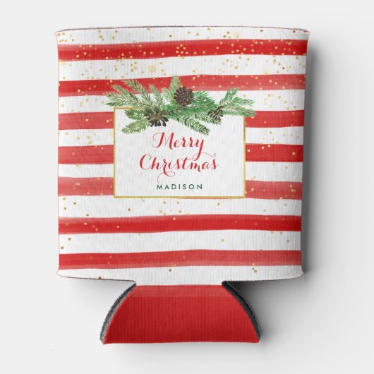 Rode en witte strepen met gouden en dennenappels blikjeskoeler (Voorkant)