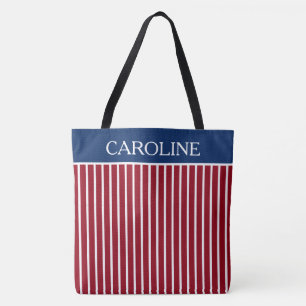 Rode en witte strepen met marineblauw op maat tote bag