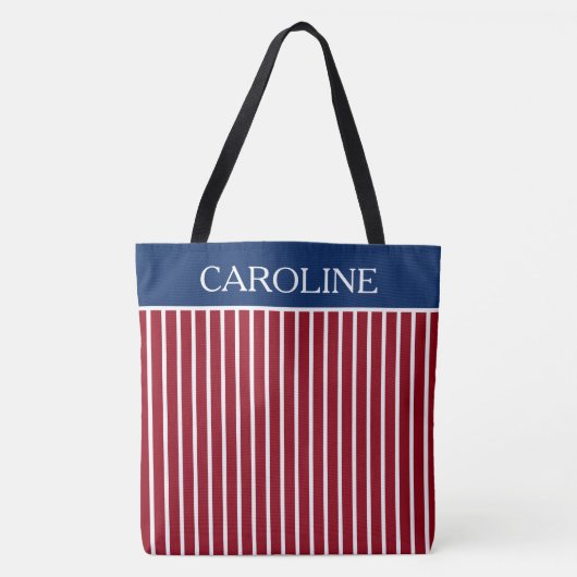 Rode en witte strepen met marineblauw op maat tote bag (Voorkant)