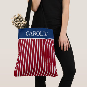 Rode en witte strepen met Navy Blue op maat gemaak Tote Bag