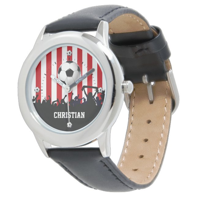 Rode en witte strepen Soccer Fans and football Horloge (Gekanteld)