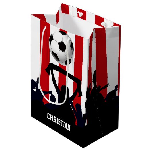 Rode en witte strepen Soccer Fans and football Medium Cadeauzakje (Voorkant Gekanteld)