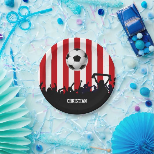 Rode en witte strepen Soccer Fans and football Papieren Bordje (Feest)