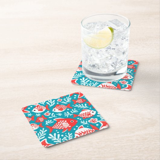 Rode en witte vis patroon blauw kartonnen onderzetters (Insitu)