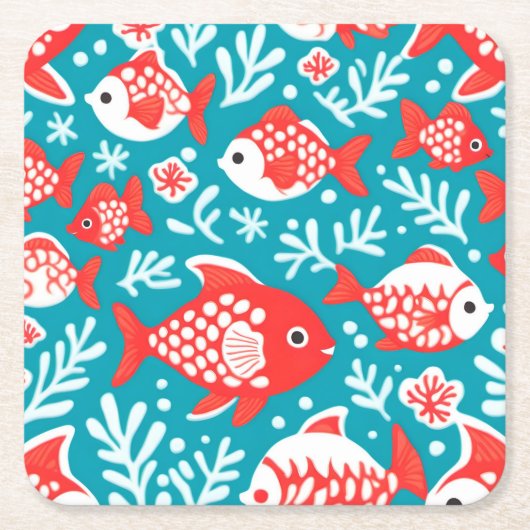 Rode en witte vis patroon blauw kartonnen onderzetters (Voorkant)