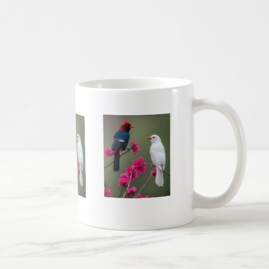 Rode en Witte Vogels op Roze Bloemtak Mok (Rechts)