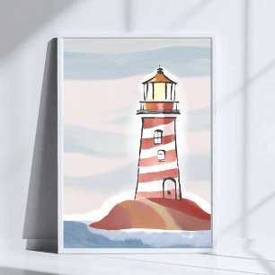 Rode en Witte Vuurtoren   Strand Oceaan Aquarel Poster