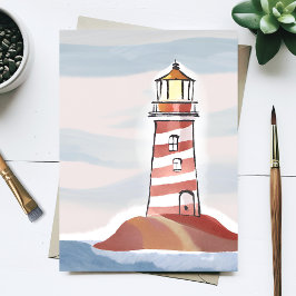 Rode en Witte Vuurtoren | Waterverfschilderij van  Briefkaart