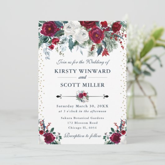 Rode en witte winterbloemen bruiloft kaart (Staand voorkant)