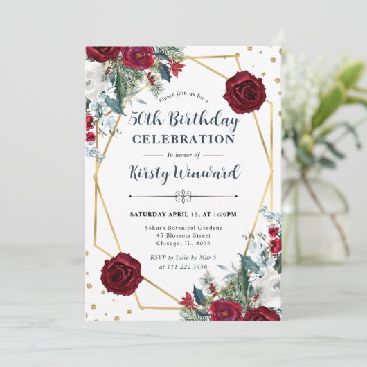Rode en witte winterbloemen Lijst 50ste verjaardag Kaart (Staand voorkant)