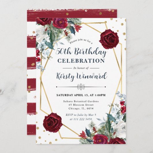 Rode en witte winterbloemen Lijst 50ste verjaardag Kaart (Voorkant / Achterkant)