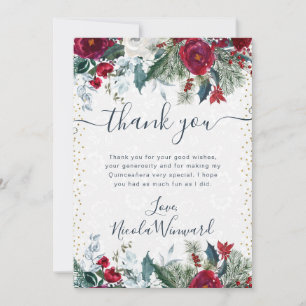 Rode en Witte Winterbloemen Quinceanera Bedankkaart