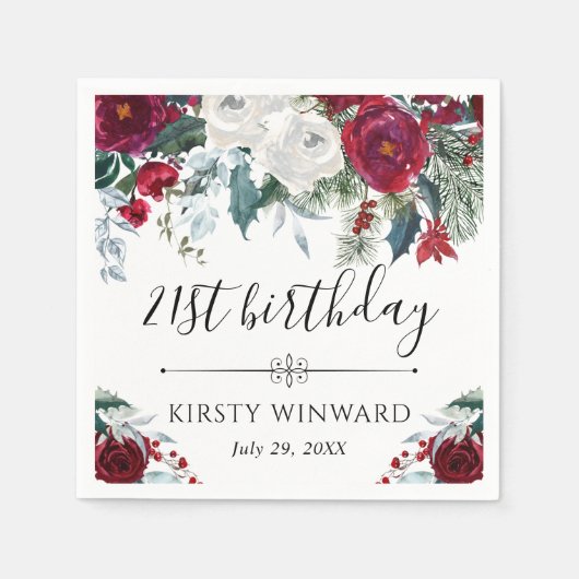 Rode en witte winterbloemen verjaardag servet (Voorkant)