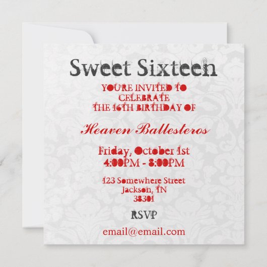 Rode en witte  zoete zestien uitnodigingen (Achterkant)